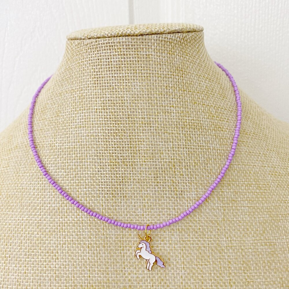 HANDMADE Purple Seed Bead Unicorn Enamel Charm Choker Pendant Necklace